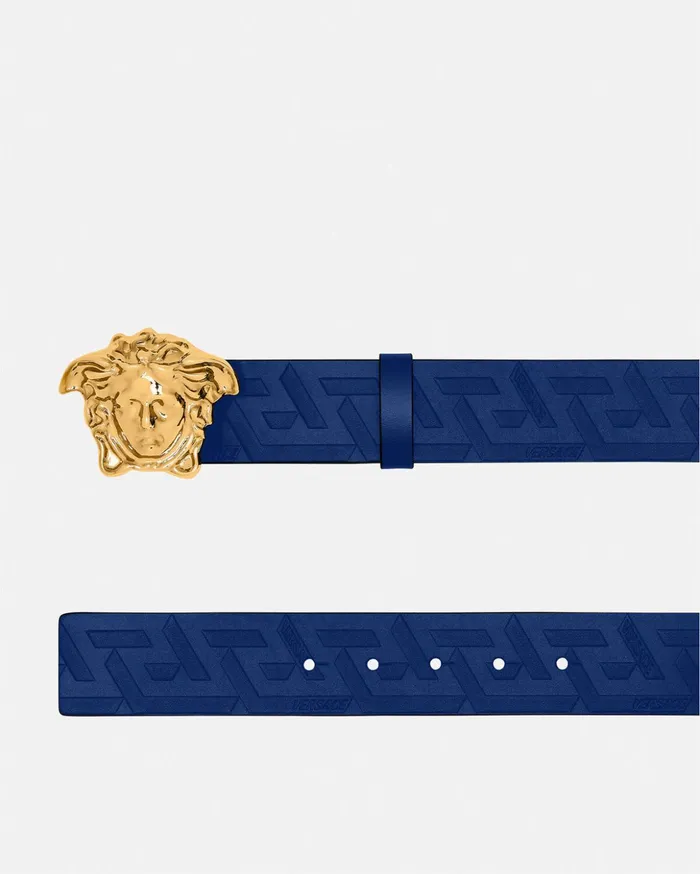 Versace La Medusa Greca Leather Belt Blue Men Belts