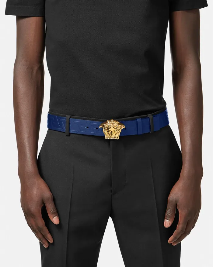 Versace La Medusa Greca Leather Belt Blue Men Belts