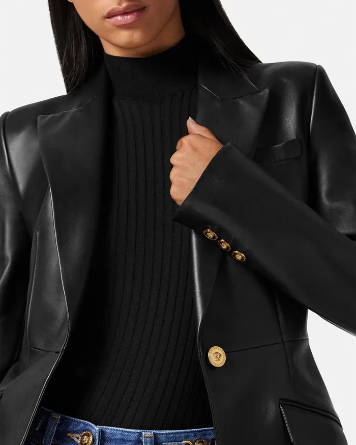 Versace Leather Blazer Black Women Jackets and Coats