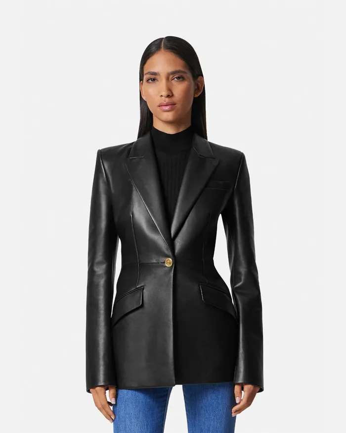 Versace Leather Blazer Black Women Jackets and Coats