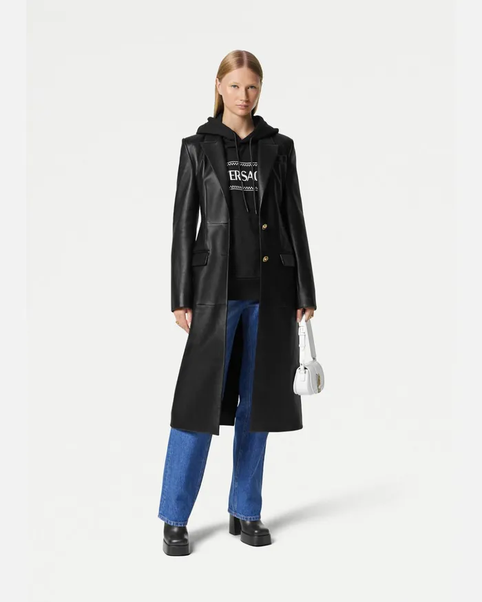 Versace Leather Long Coat Black Women Jackets and Coats