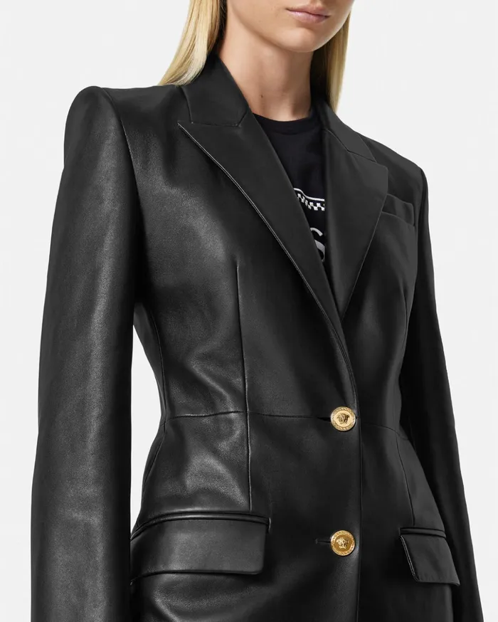 Versace Leather Long Coat Black Women Jackets and Coats