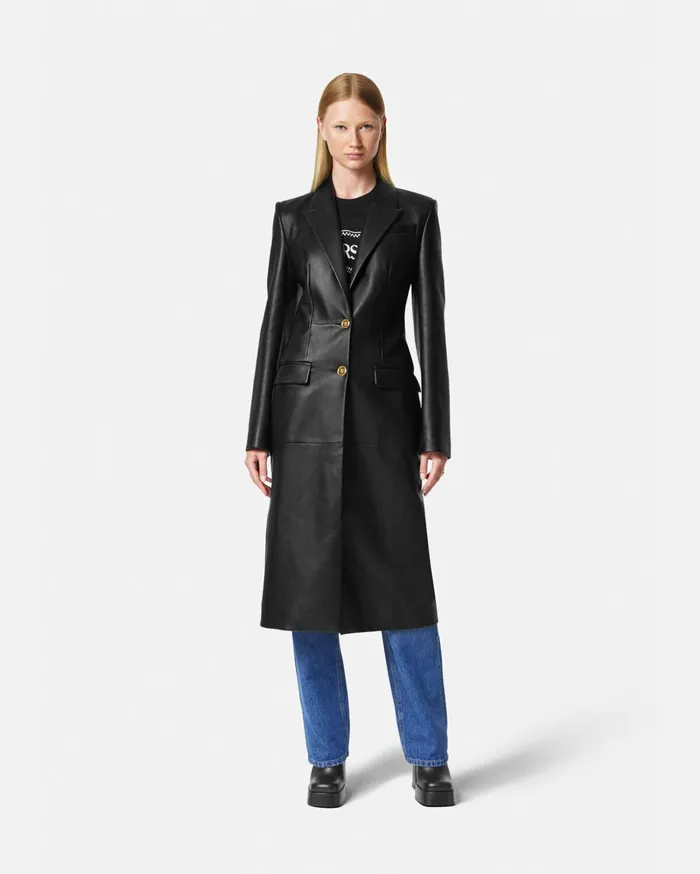 Versace Leather Long Coat Black Women Jackets and Coats