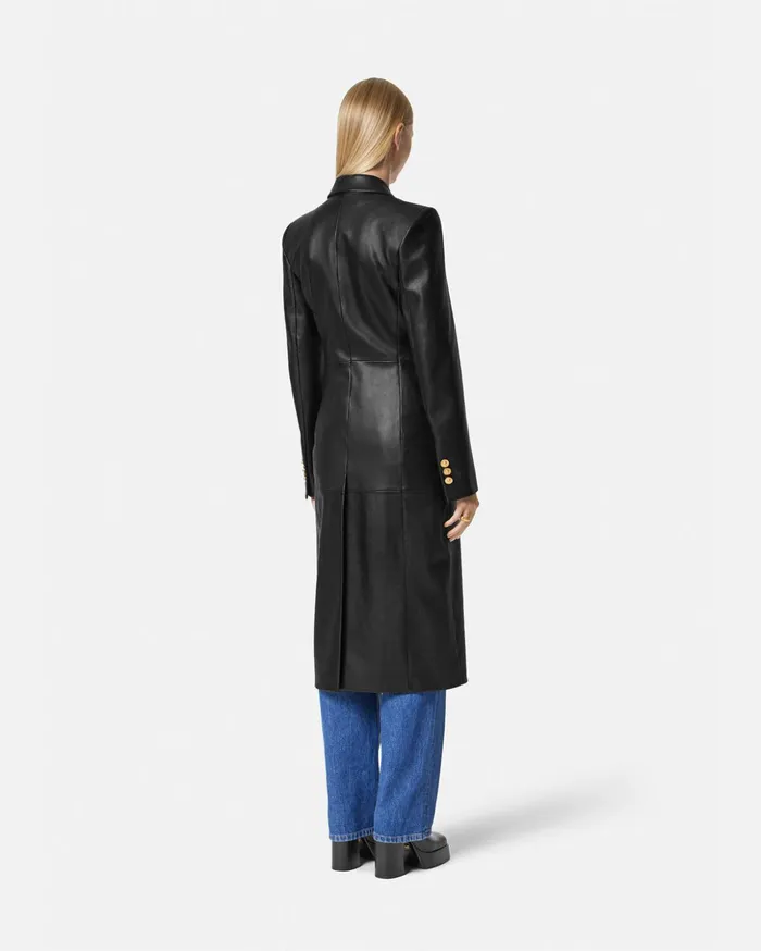 Versace Leather Long Coat Black Women Jackets and Coats