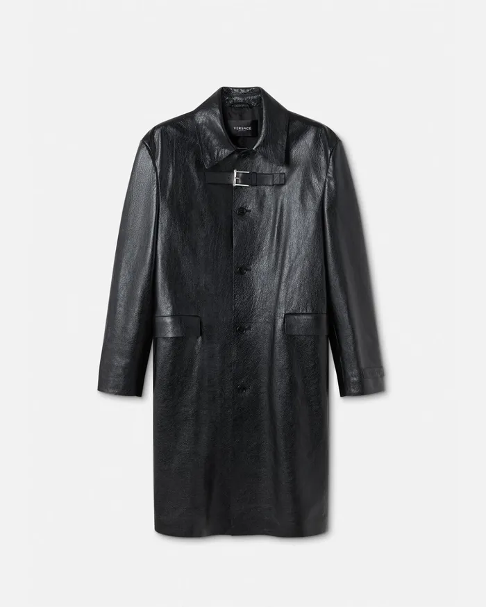 Versace Long Leather Coat Black Men Jackets and Coats
