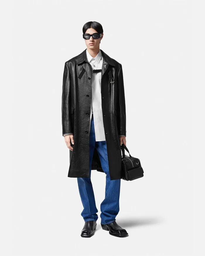 Versace Long Leather Coat Black Men Jackets and Coats