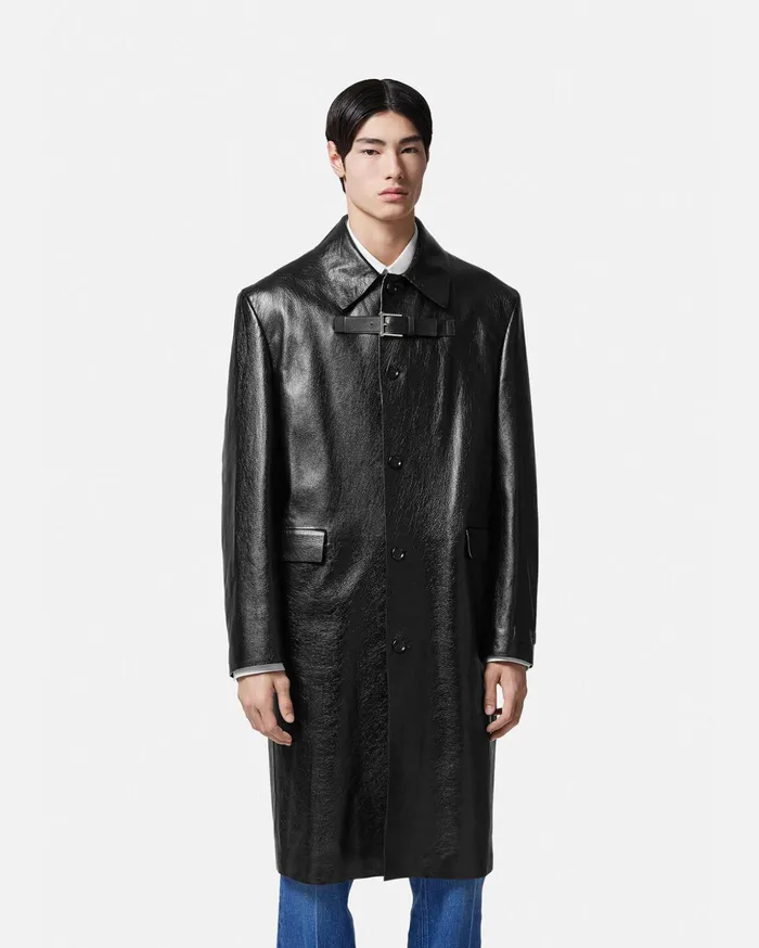 Versace Long Leather Coat Black Men Jackets and Coats