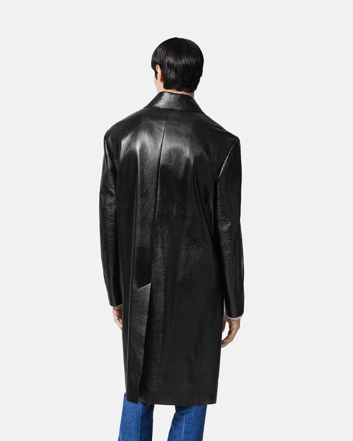 Versace Long Leather Coat Black Men Jackets and Coats