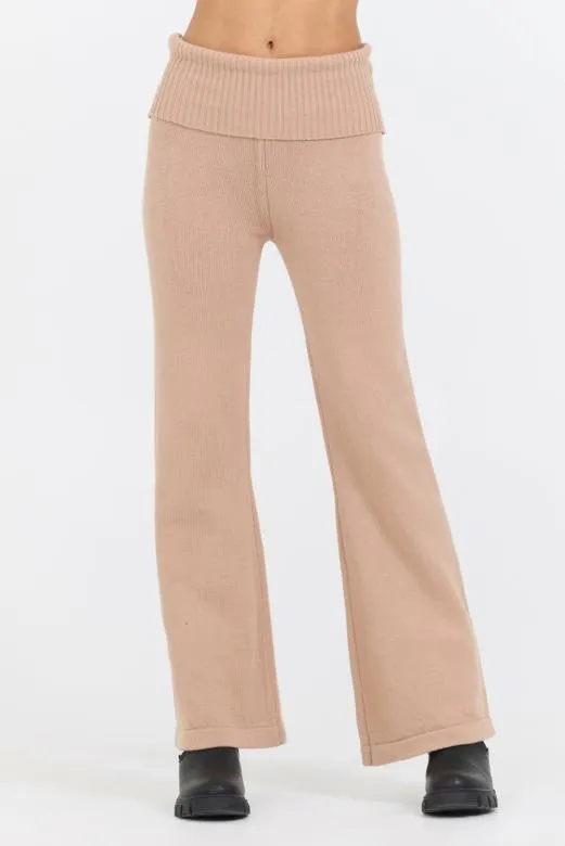 Wide Leg Pants Women Vintage Havana Salted Caramel Slim Fit Knit Fold Over Flare Pant Caramel