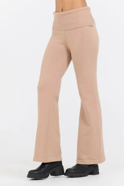 Wide Leg Pants Women Vintage Havana Salted Caramel Slim Fit Knit Fold Over Flare Pant Caramel