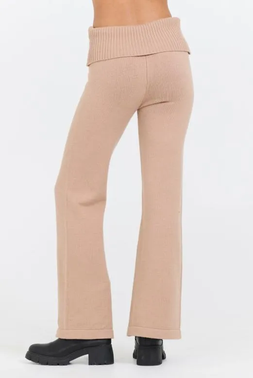 Wide Leg Pants Women Vintage Havana Salted Caramel Slim Fit Knit Fold Over Flare Pant Caramel