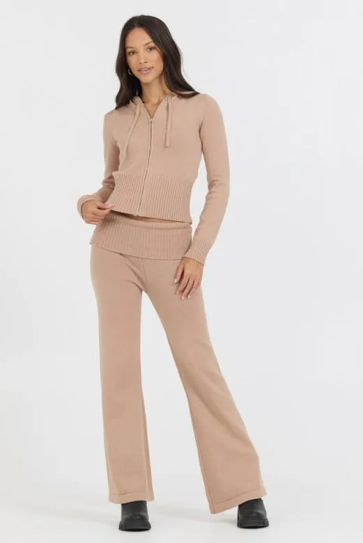 Wide Leg Pants Women Vintage Havana Salted Caramel Slim Fit Knit Fold Over Flare Pant Caramel