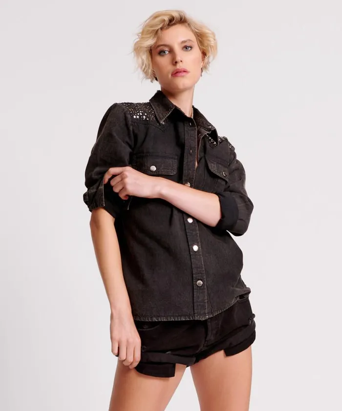 Women BLACK HAND EMBELLISHED DENIM WESTERN SHIRT One Teaspoon Shirts