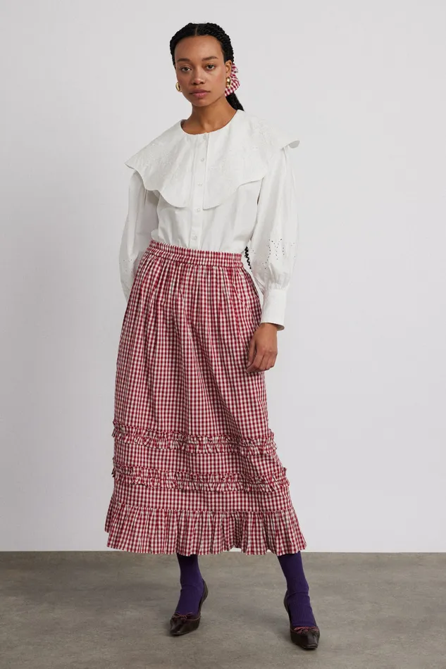 Women Bottoms Damson Madder Rina Ruffle Skirt 8211 Red Gingham