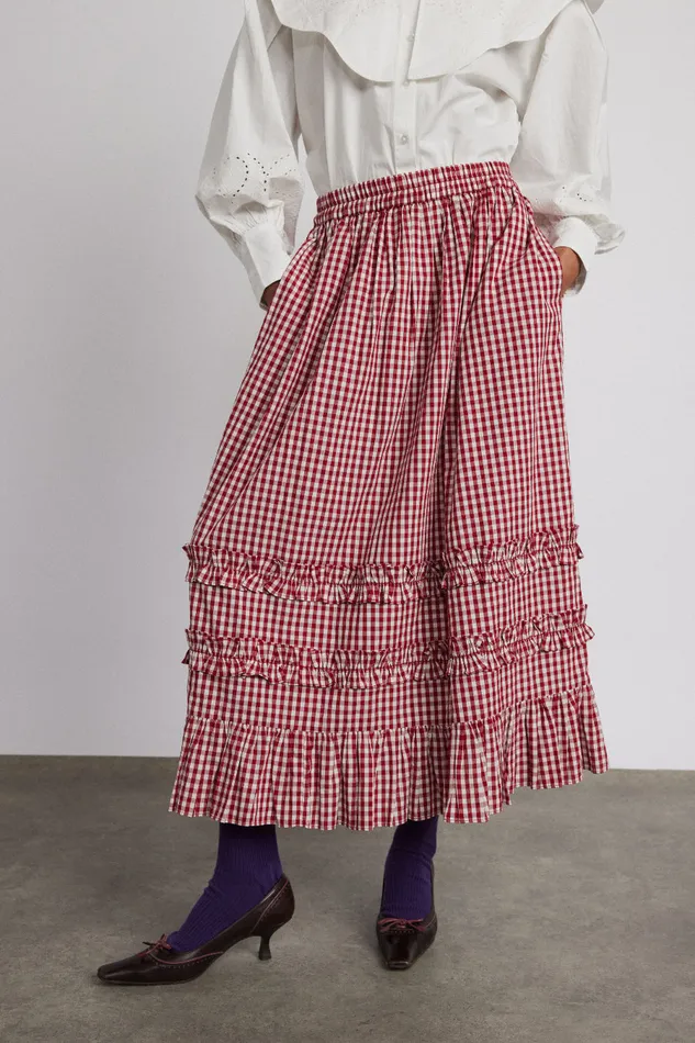 Women Bottoms Damson Madder Rina Ruffle Skirt 8211 Red Gingham
