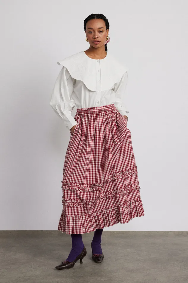 Women Bottoms Damson Madder Rina Ruffle Skirt 8211 Red Gingham