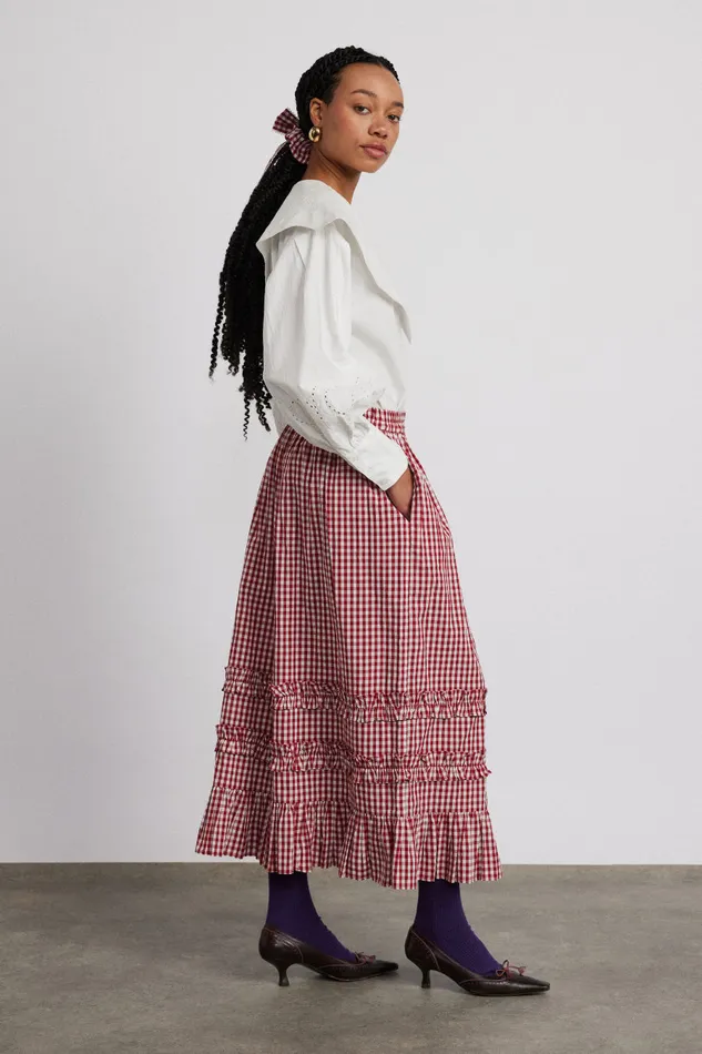 Women Bottoms Damson Madder Rina Ruffle Skirt 8211 Red Gingham