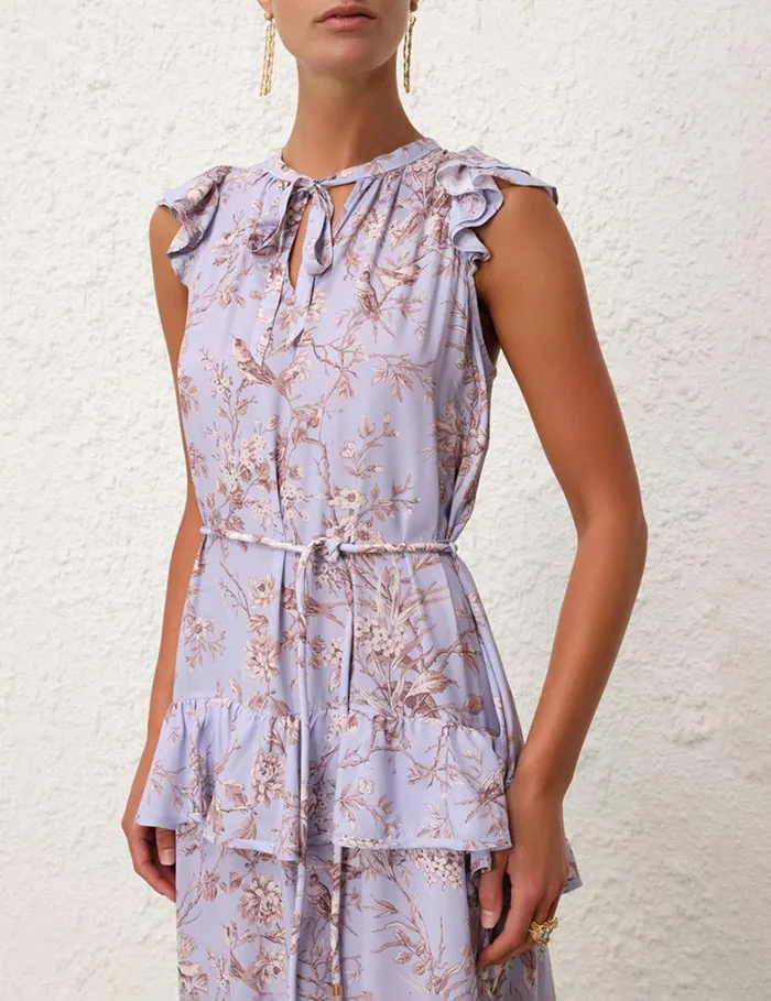 Women Clothing Zimmermann Frilled Tank Midi Dress Blue Mockingbird