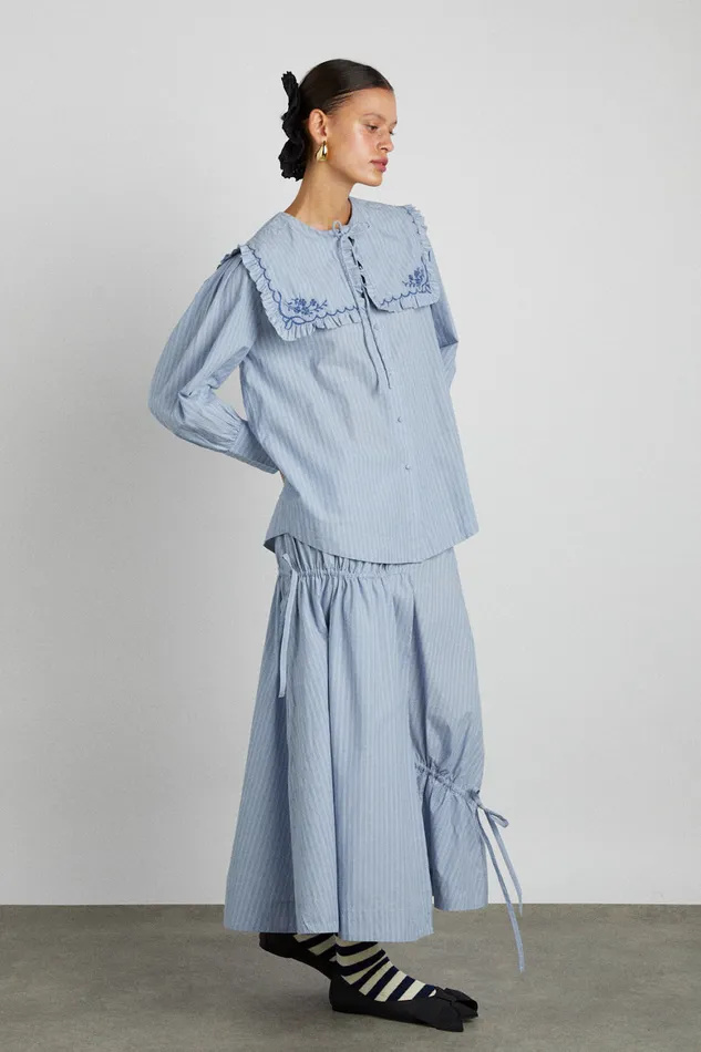 Women Coords Damson Madder Marine Channel Midi Skirt 8211 Blue Stripe