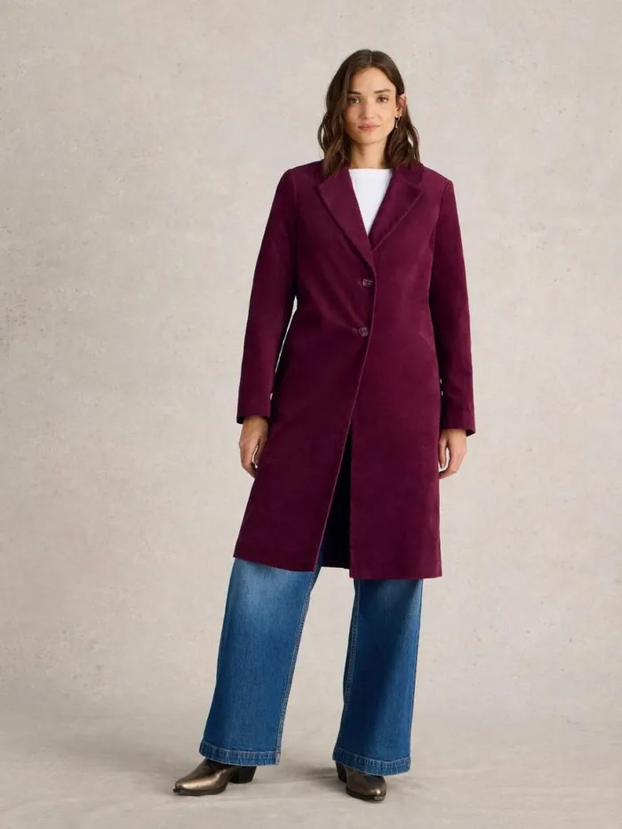 Women Coats and Jackets White Stuff Kamila Velvet Coat Dk Plum