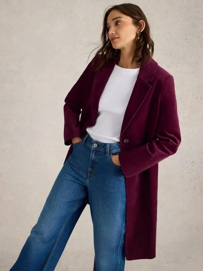 Women Coats and Jackets White Stuff Kamila Velvet Coat Dk Plum