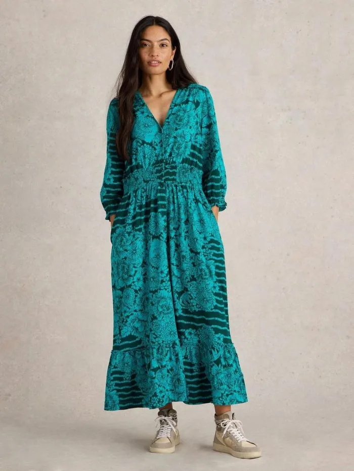 Women Dresses White Stuff Jonie Shirred Jersey Dress Green Print