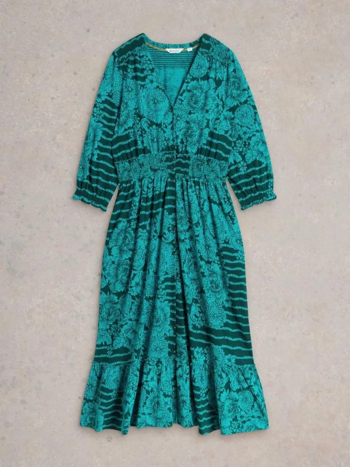 Women Dresses White Stuff Jonie Shirred Jersey Dress Green Print Women Dresses White Stuff Jonie Shirred Jersey Dress Green Print