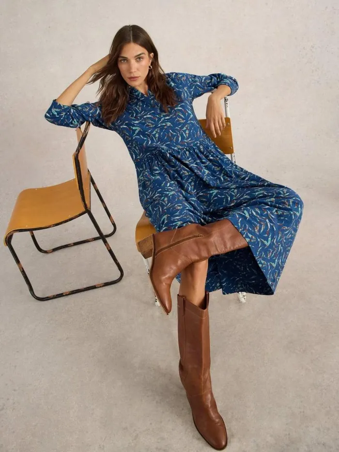 Women Dresses White Stuff Rylee Jersey Shirt Dress Blue Print
