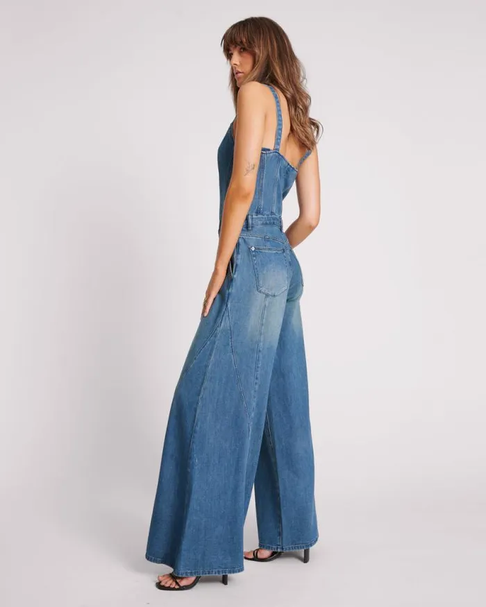 Women GRITTY BLUE FREIDA FIT N FLARE DENIM JUMPSUIT One Teaspoon Denim Jumpsuits