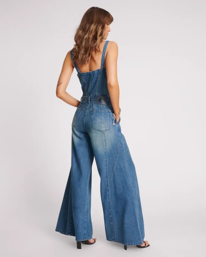 Women GRITTY BLUE FREIDA FIT N FLARE DENIM JUMPSUIT One Teaspoon Denim Jumpsuits
