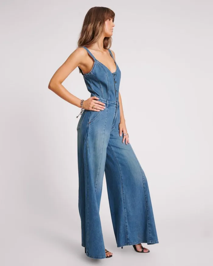 Women GRITTY BLUE FREIDA FIT N FLARE DENIM JUMPSUIT One Teaspoon Denim Jumpsuits