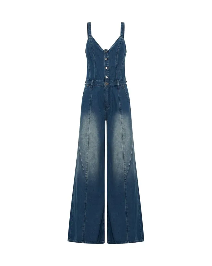Women GRITTY BLUE FREIDA FIT N FLARE DENIM JUMPSUIT One Teaspoon Denim Jumpsuits