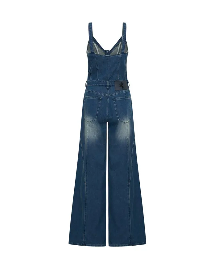 Women GRITTY BLUE FREIDA FIT N FLARE DENIM JUMPSUIT One Teaspoon Denim Jumpsuits