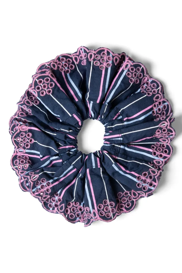 Women Hair Accessories Damson Madder Stripe Scrunchie With Broderie Edge