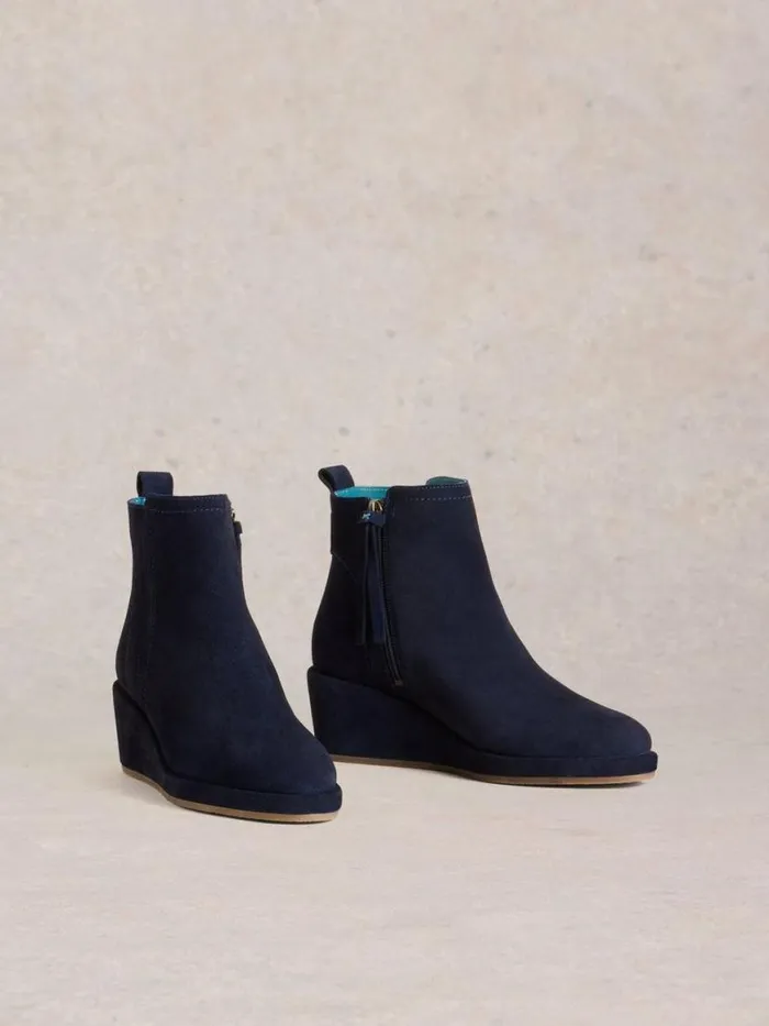 Women Heels White Stuff Luna Wedge Suede Ankle Boot Dark Navy