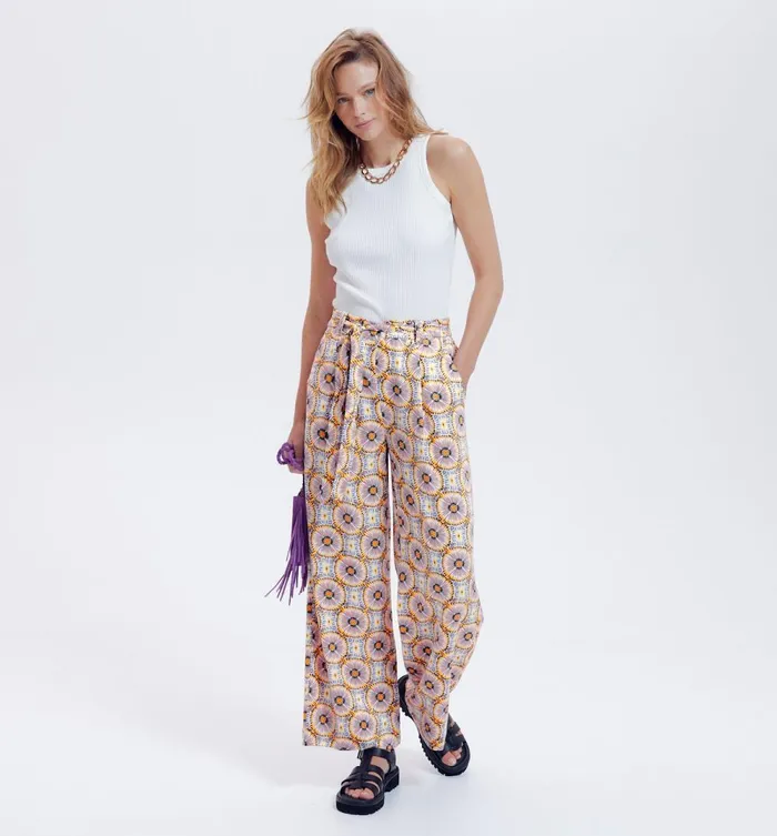 Women HighWaist Wideleg Trousers 8211 Ecru Print Promod Trousers