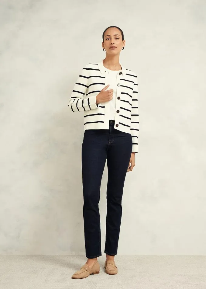 Women HOBBS Coats and Jackets Ellie Cotton Wool Knitted Jacket Ivory Navy