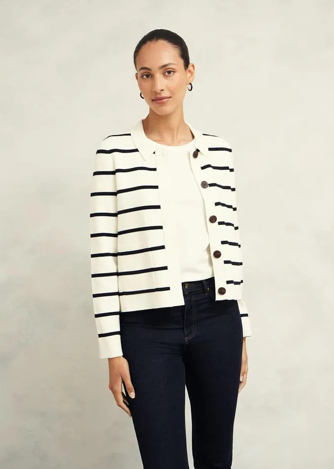 Women HOBBS Coats and Jackets Ellie Cotton Wool Knitted Jacket Ivory Navy