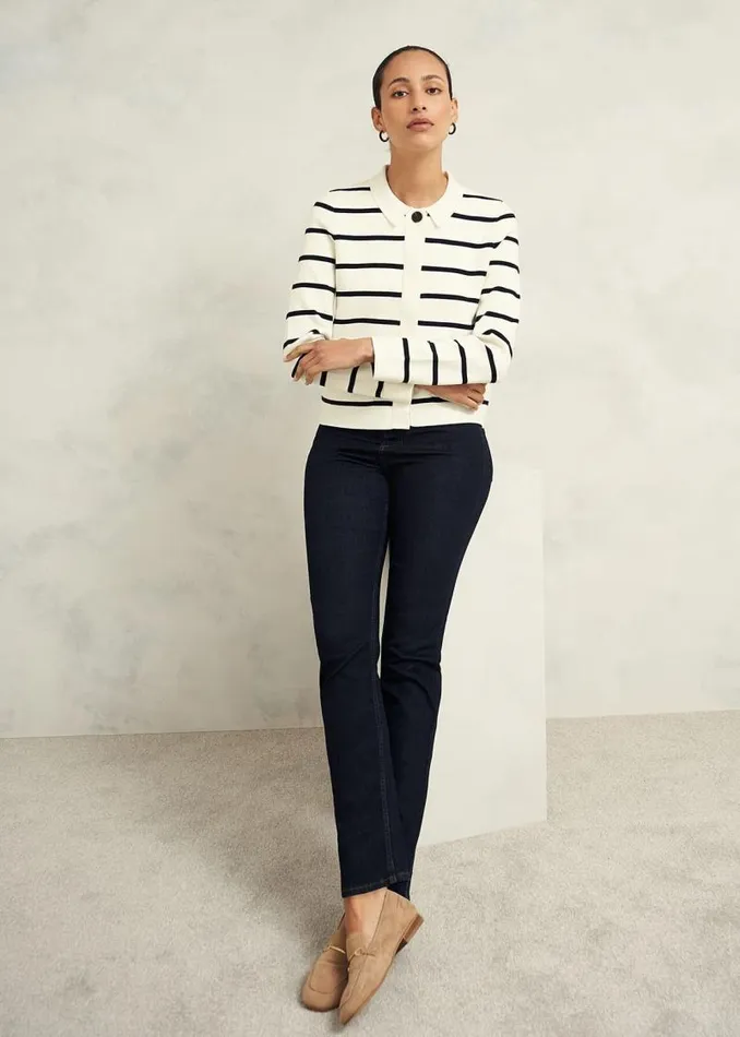 Women HOBBS Coats and Jackets Ellie Cotton Wool Knitted Jacket Ivory Navy