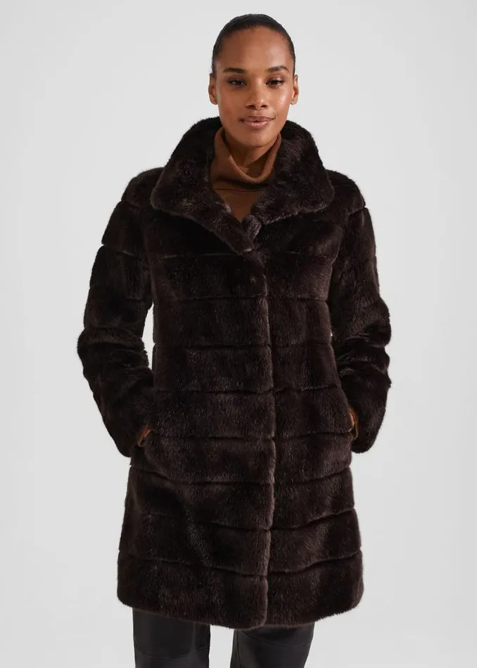 Women HOBBS Coats and Jackets Petite Ros Faux Fur Coat Chocolate