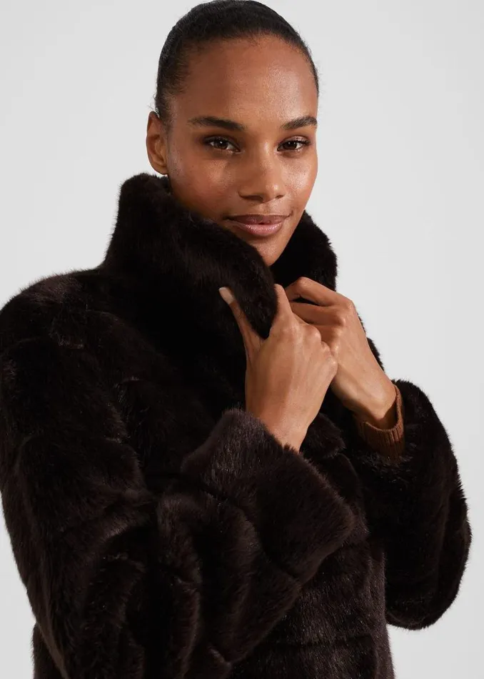 Women HOBBS Coats and Jackets Petite Ros Faux Fur Coat Chocolate