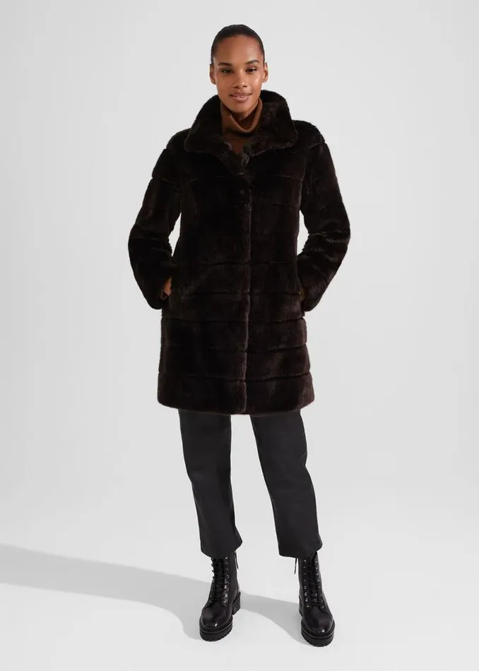 Women HOBBS Coats and Jackets Petite Ros Faux Fur Coat Chocolate