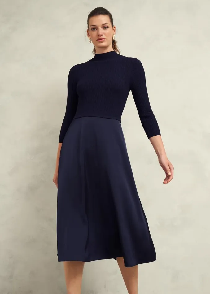 Women HOBBS Dresses and Jumpsuits Trina Satin Knitted Dresses Hobbs Navy