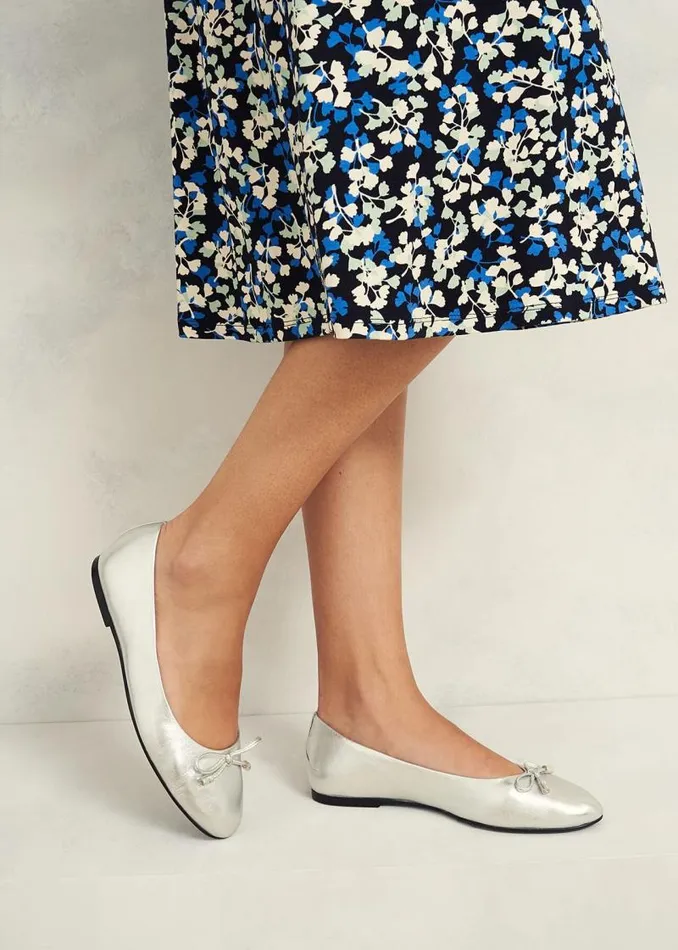 Women HOBBS Flats Priya Leather Ballerina Silver Metallic
