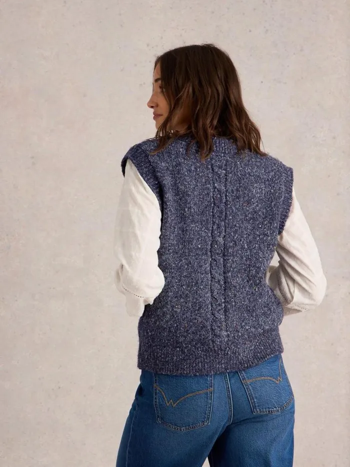 Women Knitwear White Stuff CABLE NEP BUTTON THROUGH TANK Navy Multi Women Knitwear White Stuff CABLE NEP BUTTON THROUGH TANK Navy Multi