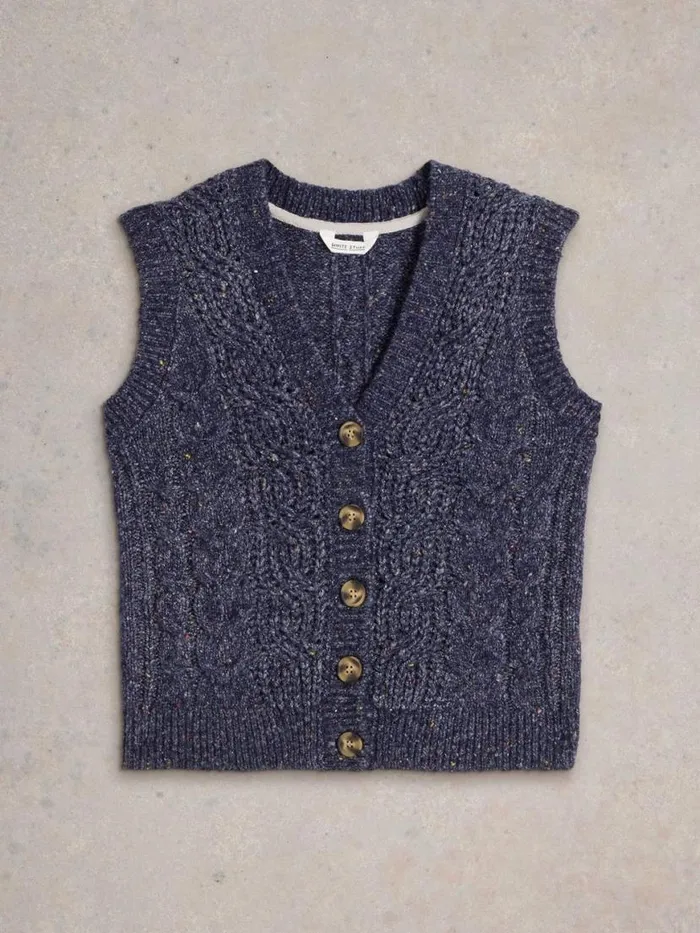 Women Knitwear White Stuff CABLE NEP BUTTON THROUGH TANK Navy Multi Women Knitwear White Stuff CABLE NEP BUTTON THROUGH TANK Navy Multi