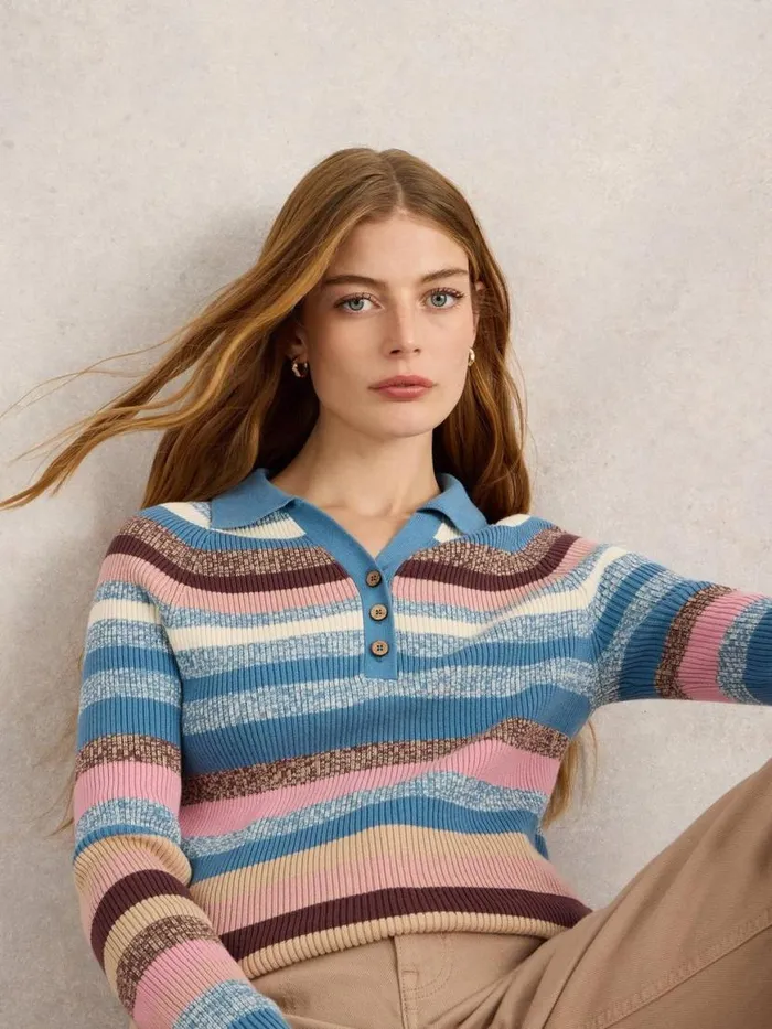 Women Knitwear White Stuff RIB COLLAR STRIPE JUMPER Blue Multi