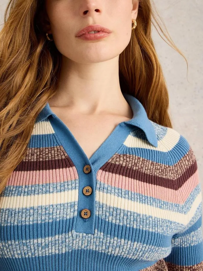 Women Knitwear White Stuff RIB COLLAR STRIPE JUMPER Blue Multi Women Knitwear White Stuff RIB COLLAR STRIPE JUMPER Blue Multi
