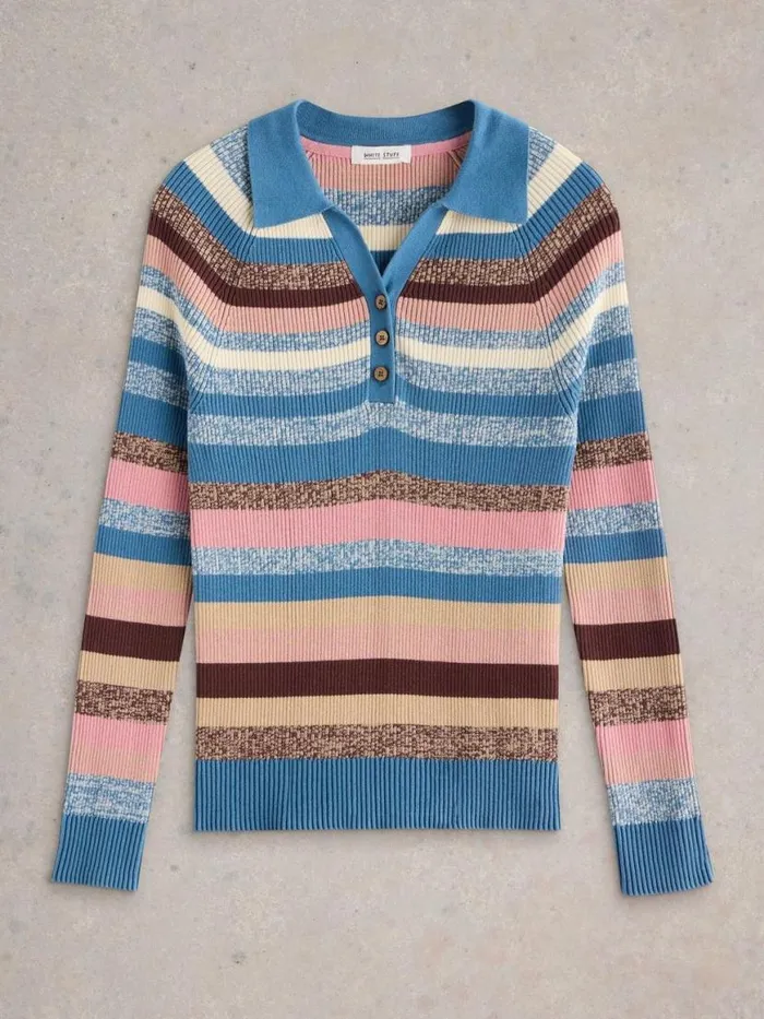 Women Knitwear White Stuff RIB COLLAR STRIPE JUMPER Blue Multi Women Knitwear White Stuff RIB COLLAR STRIPE JUMPER Blue Multi