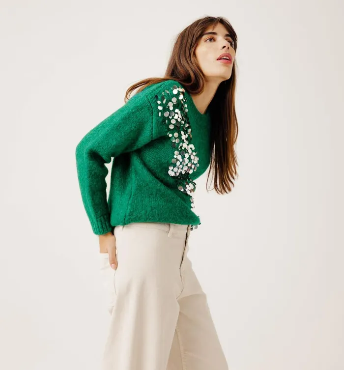 Women Maxi Jumper With Sequins 8211 Emerald Green Promod Jumpers And Cardigans